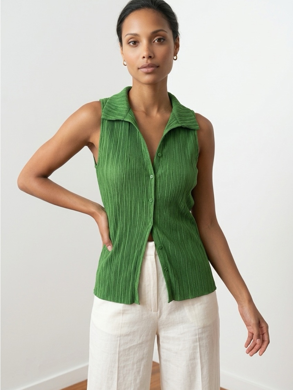 NWT Zara Green Ribbed Sleeveless Button Front Collared Top - Sz M
